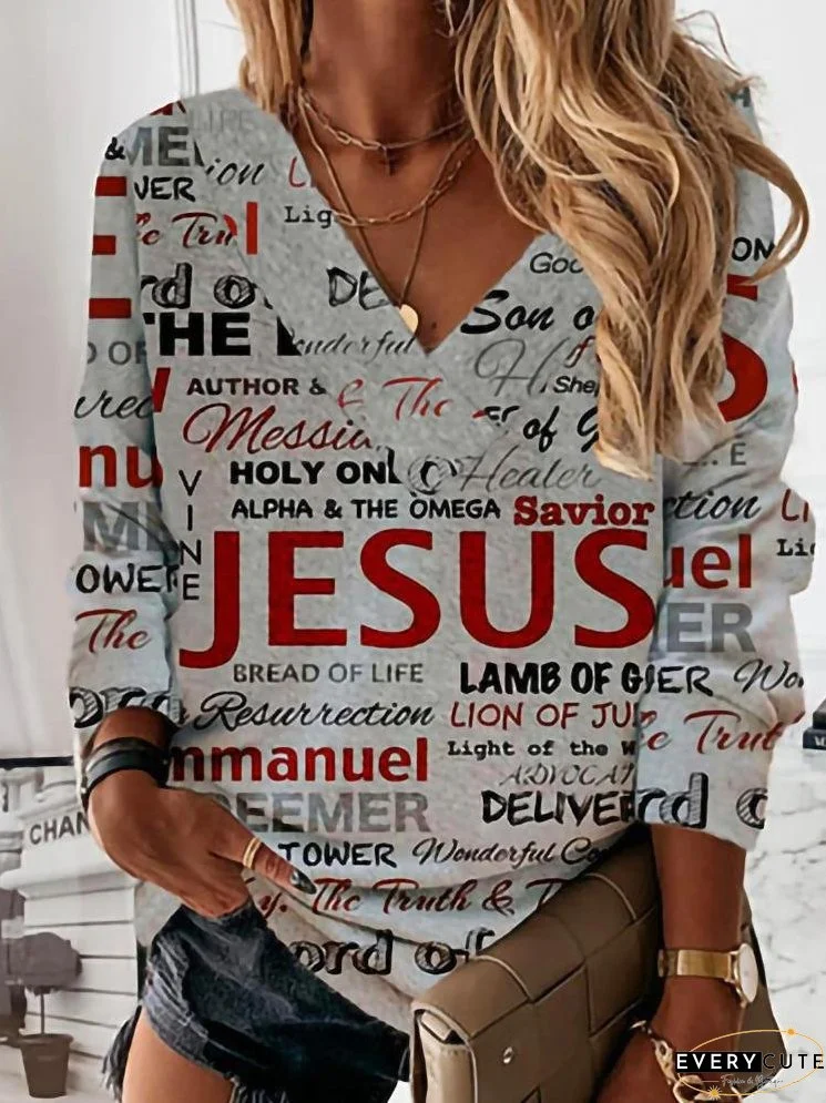 Fashion Printed V-Neck Long Sleeve T-Shirt