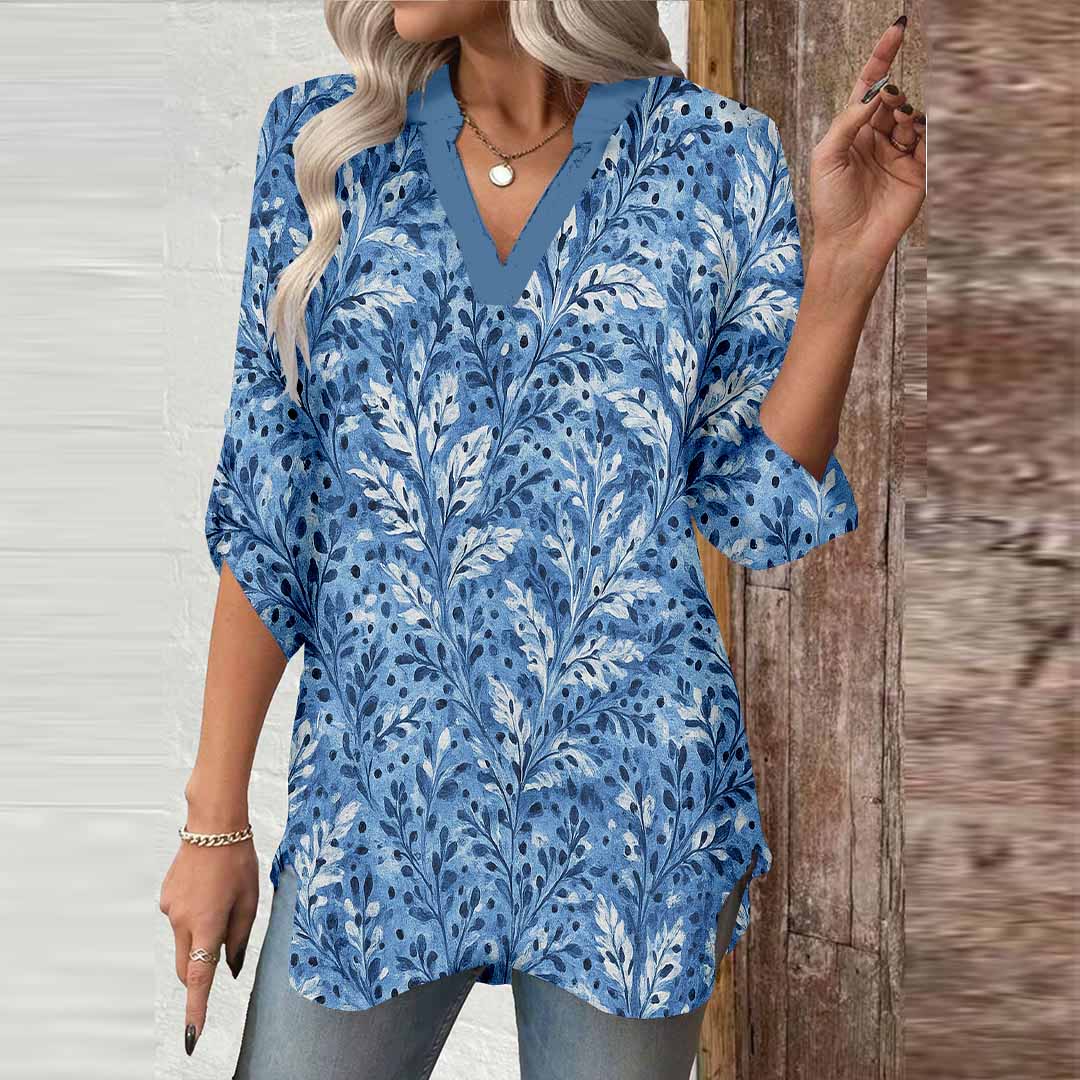 Women Leaves, Blue DZGA0173 3/4 Sleeve V-neck Printed Graphic Button Tops