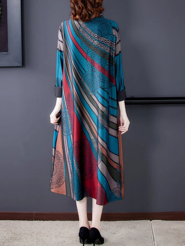 Printed Loose High Neck Long Dress