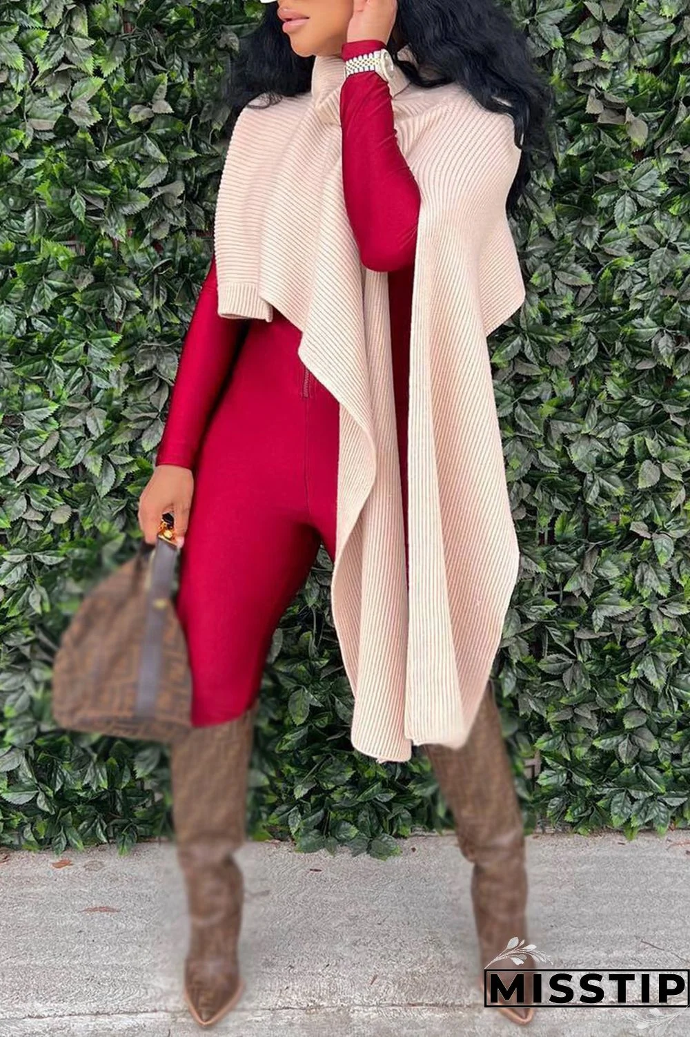 Red Street Solid Patchwork Slit Asymmetrical Turtleneck Tops