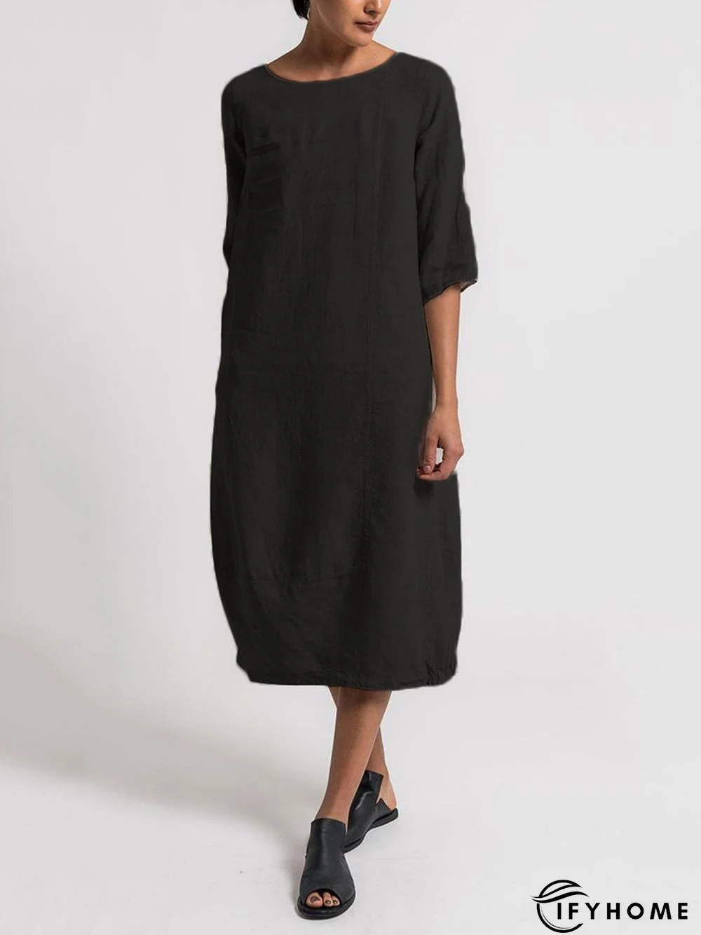 Crew Neck 3/4 Sleeve Casual Solid Casualdress | IFYHOME