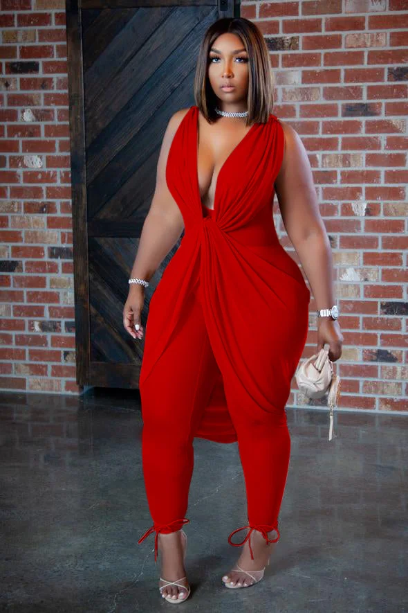 Plus Size Twist Front Fold Design Draping Sleeveless Jumpsuits