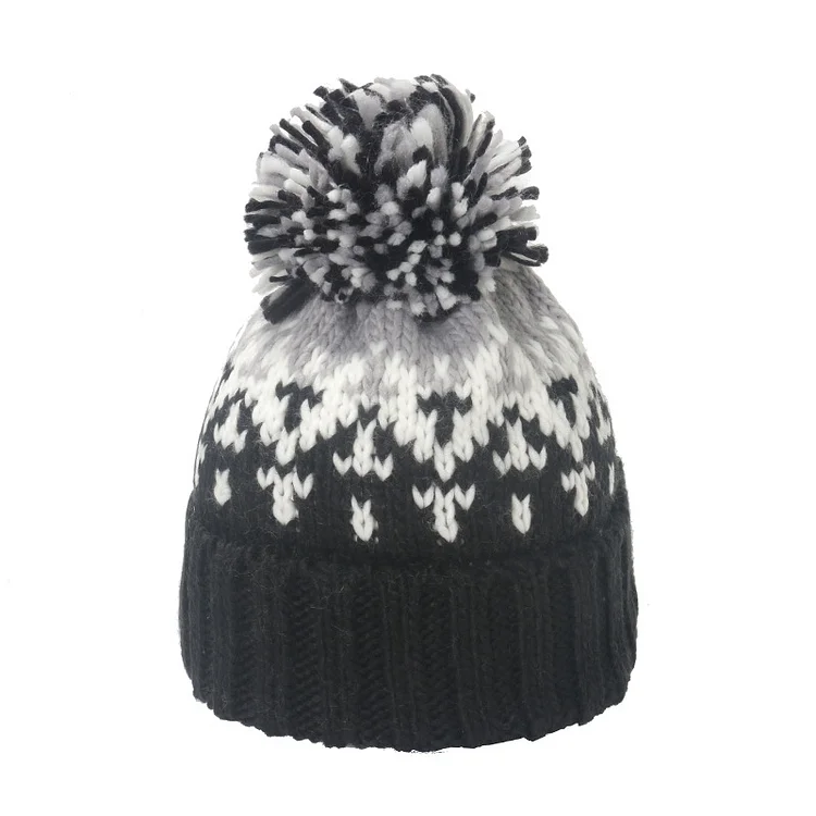 Comstylish Warm Mohair Geometric Diamond Jacquard Fur Ball Wool Hat