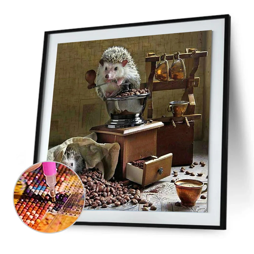 Diamond Painting Kit Hedgehog coffee beans Full Round Rhinestone Wall Pict