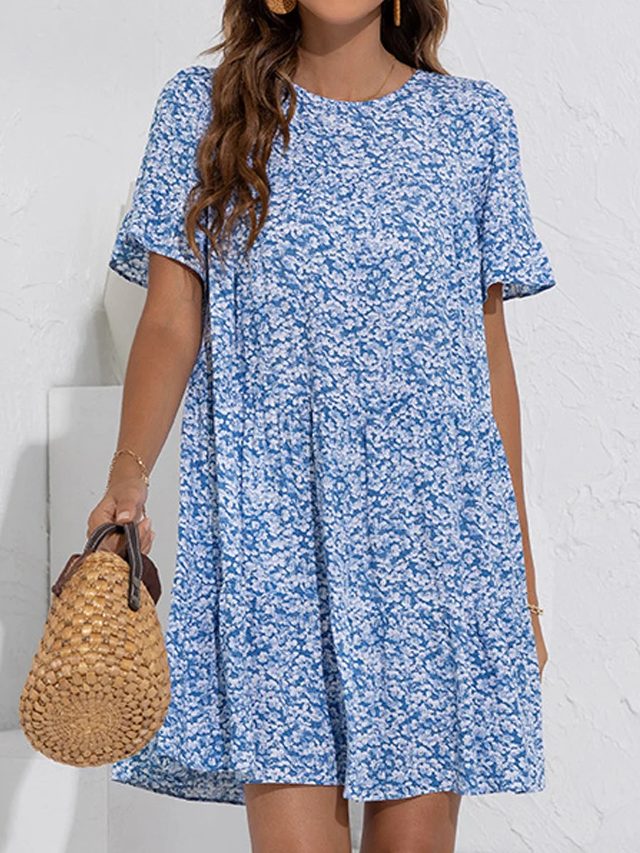Casual Round Neck Floral Lotus Leaf Short Sleeve Loose Dress