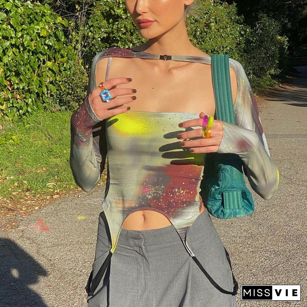 Sexy Asymmetrical Hem Crop Tops Fashion Tie-dye T Shirt With Buckle Women Long Sleeve Tee Summer Hollow Out Tshirts