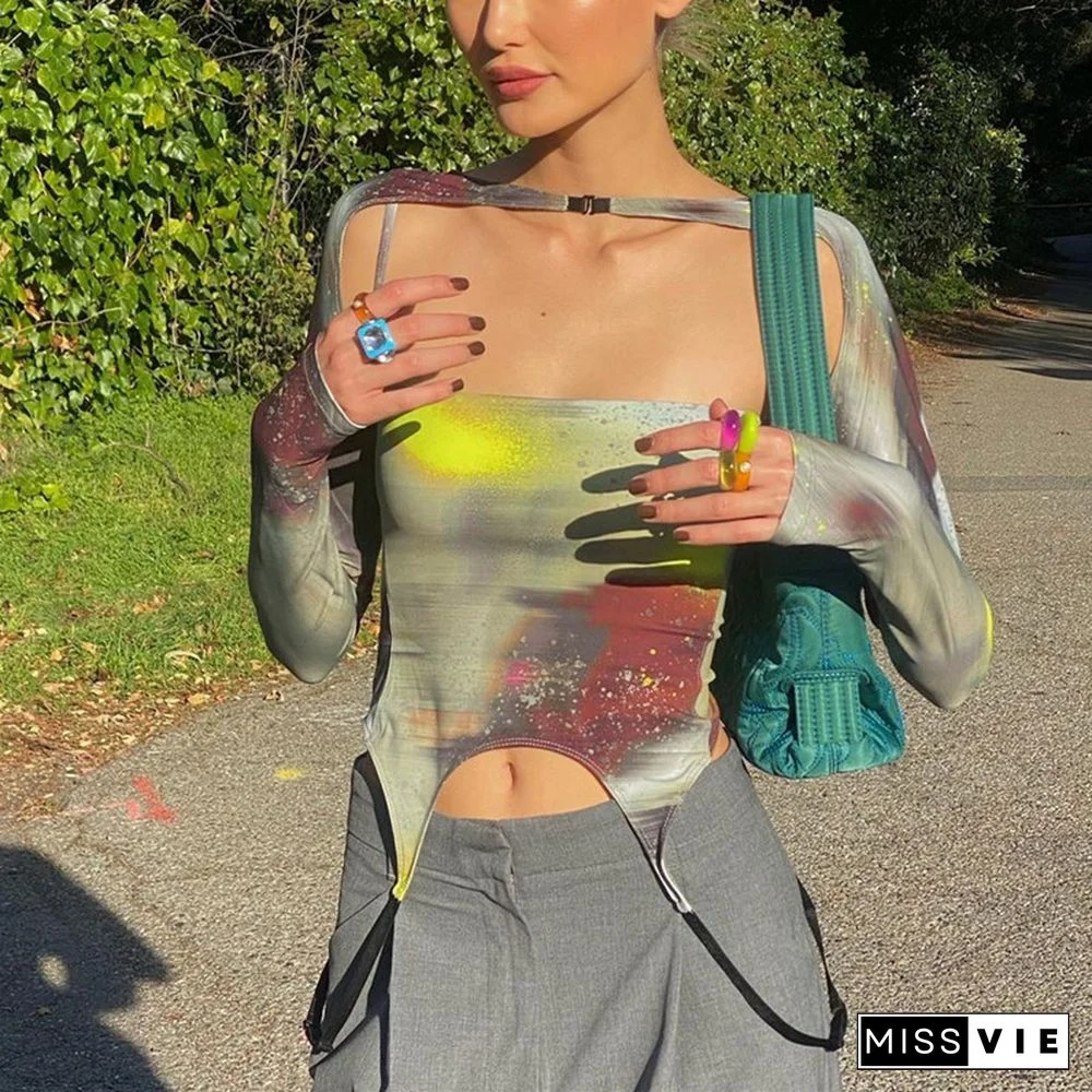 Sexy Asymmetrical Hem Crop Tops Fashion Tie-dye T Shirt With Buckle Women Long Sleeve Tee Summer Hollow Out Tshirts