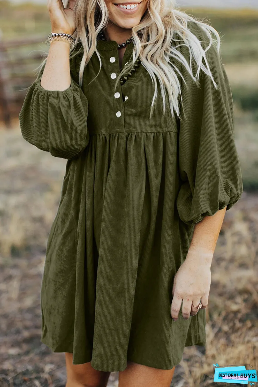 Vineyard Green Corduroy Snap Buttons Empire Waist Bracelet Sleeve Dress