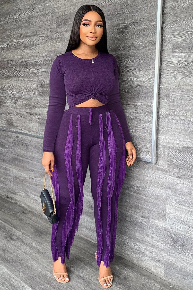 Long Sleeve Crew Neck Top Fringe Pants Set