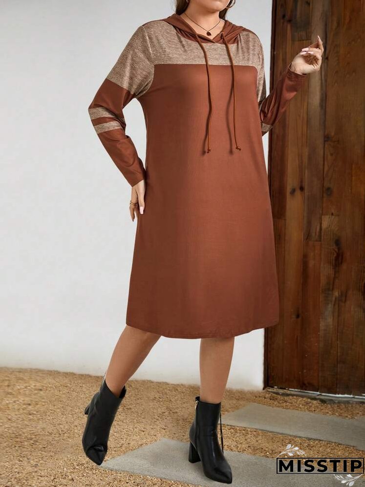 Plus Size Women Colorblock Drawstring Hooded Long Sleeve Casual Dress, Spring Autumn