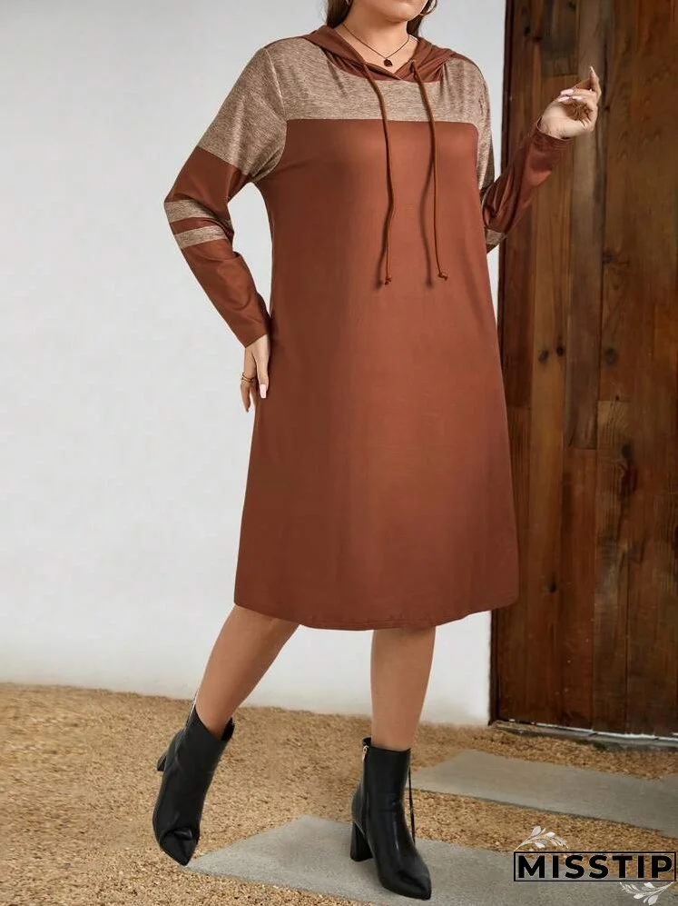 Plus Size Women Colorblock Drawstring Hooded Long Sleeve Casual Dress, Spring Autumn