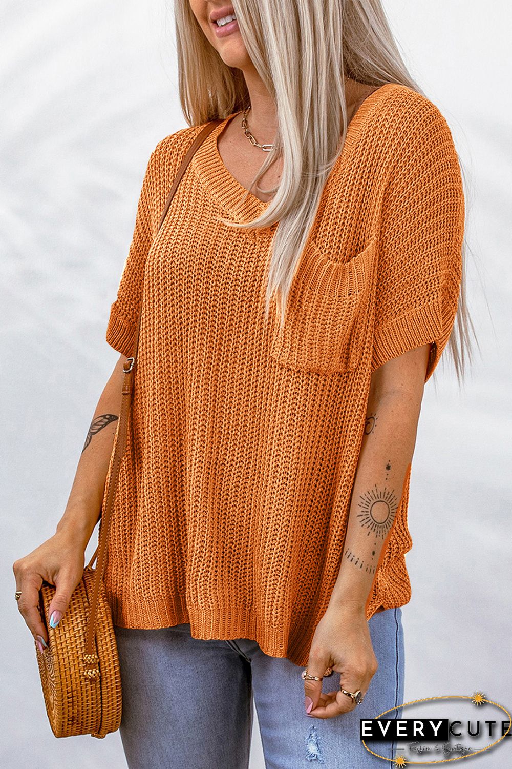 Orange Chest Pocket Knit Short Sleeve Top