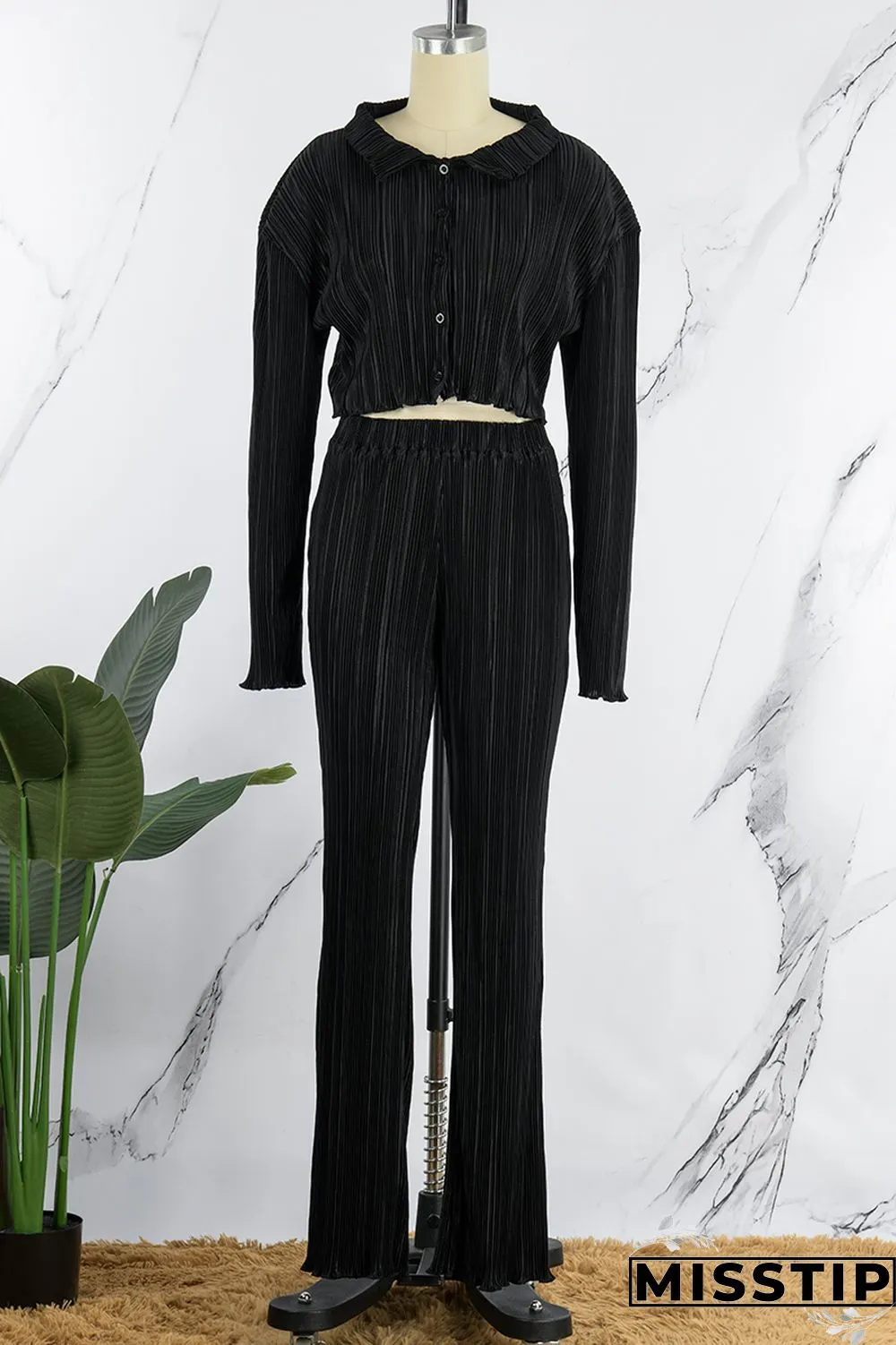 Black Casual Solid Patchwork Turndown Collar Long Sleeve Two Pieces