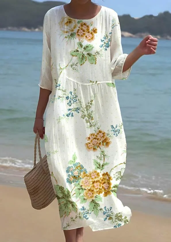 Women's Elegant Rose Floral Print Crew Neck Dress