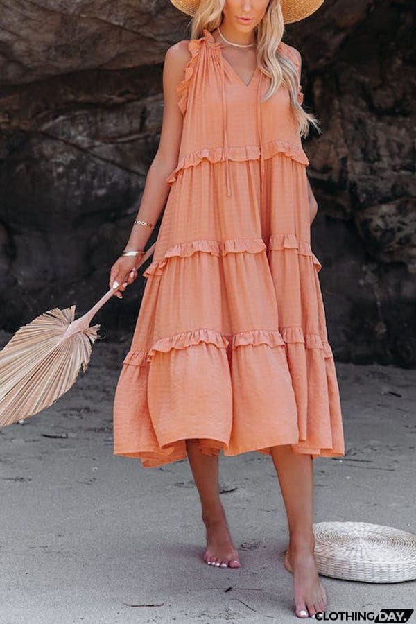 COTTON BLEND POCKETED TIERED MIDI DRESS