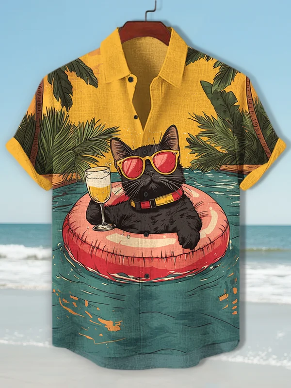 Men's Black Cat Vacation Relaxation Pool Float Art Print Casual Shirt