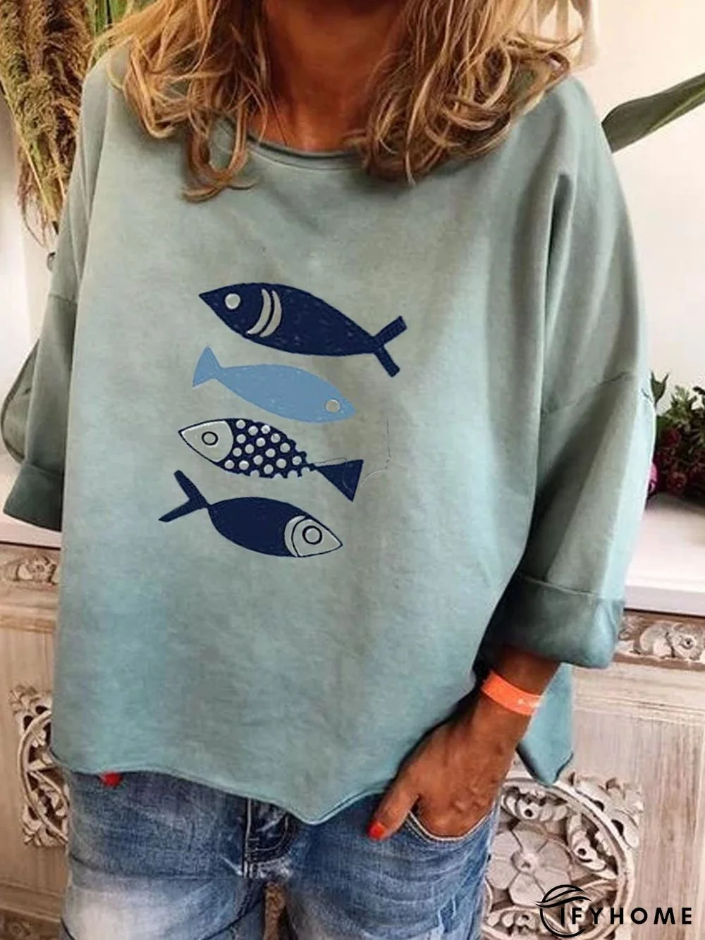 Blue Casual Round Neck Printed Fish T-shirt | IFYHOME