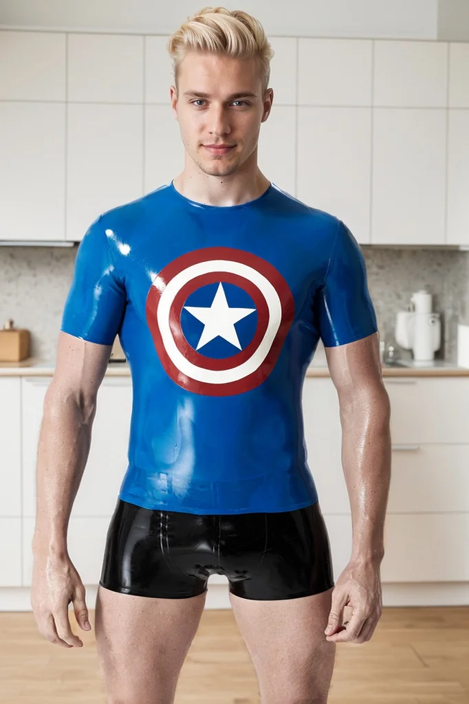 Men's Latex Tops Male 'Star-get' Muscle T-Shirt Cap's Shield Pattern- Heroic & Sporty