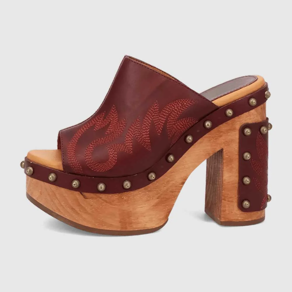 Maroon Chunky Heel Platform Embroidered Mules for Women with Studded
