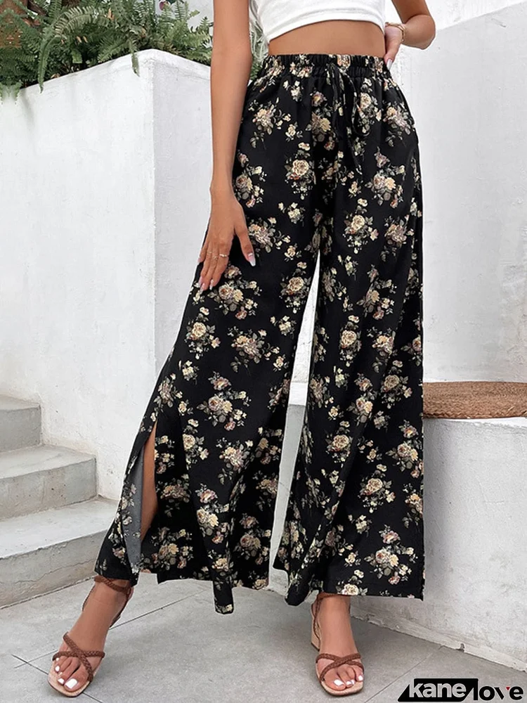 Floral Side Slit Wide Leg Pants