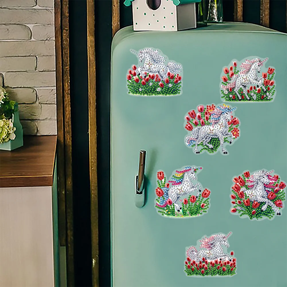  6 Pcs Tulip Horse Diamond Painting Cartoon Fridge Magnetic Stickers