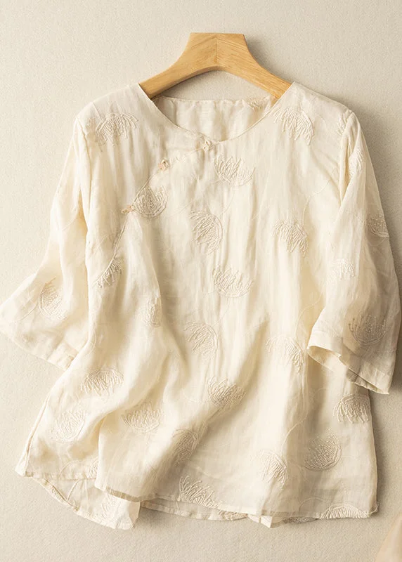 Vintage Beige O-Neck Embroidered Linen Shirt Top Summer