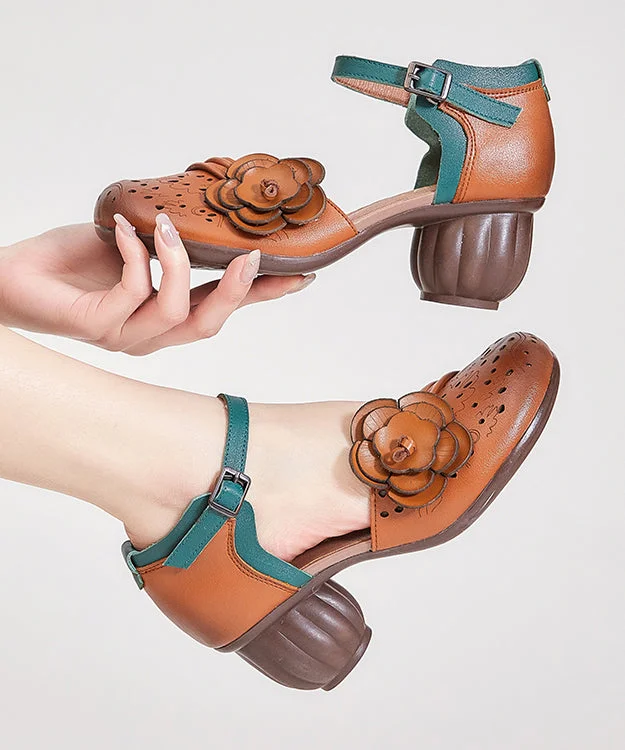 Boho Hollow Out Floral Chunky Heel Buckle Strap Brown Cowhide Leather