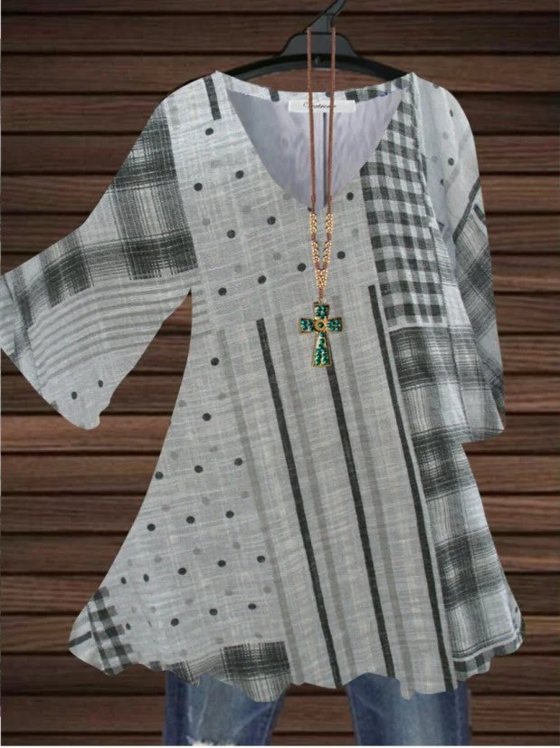 Women Half Sleeve V-neck Striped Polka Dot Plaid Printed Tops Dress