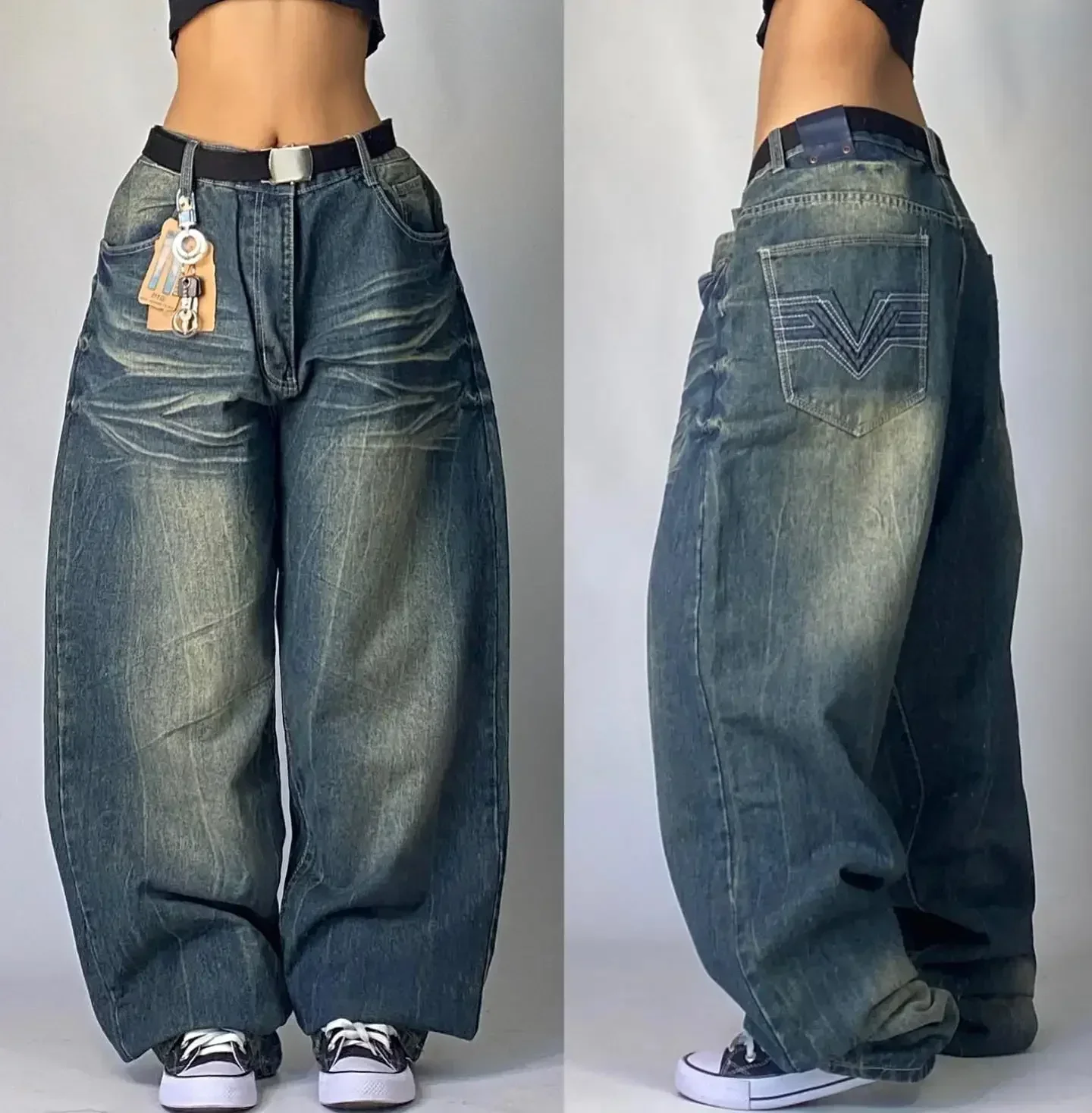 Bonushev American High Street Design Letter Embroidered Jeans Women New Retro Washed Street Fashion Loose Straight Pants Wide-leg Pants