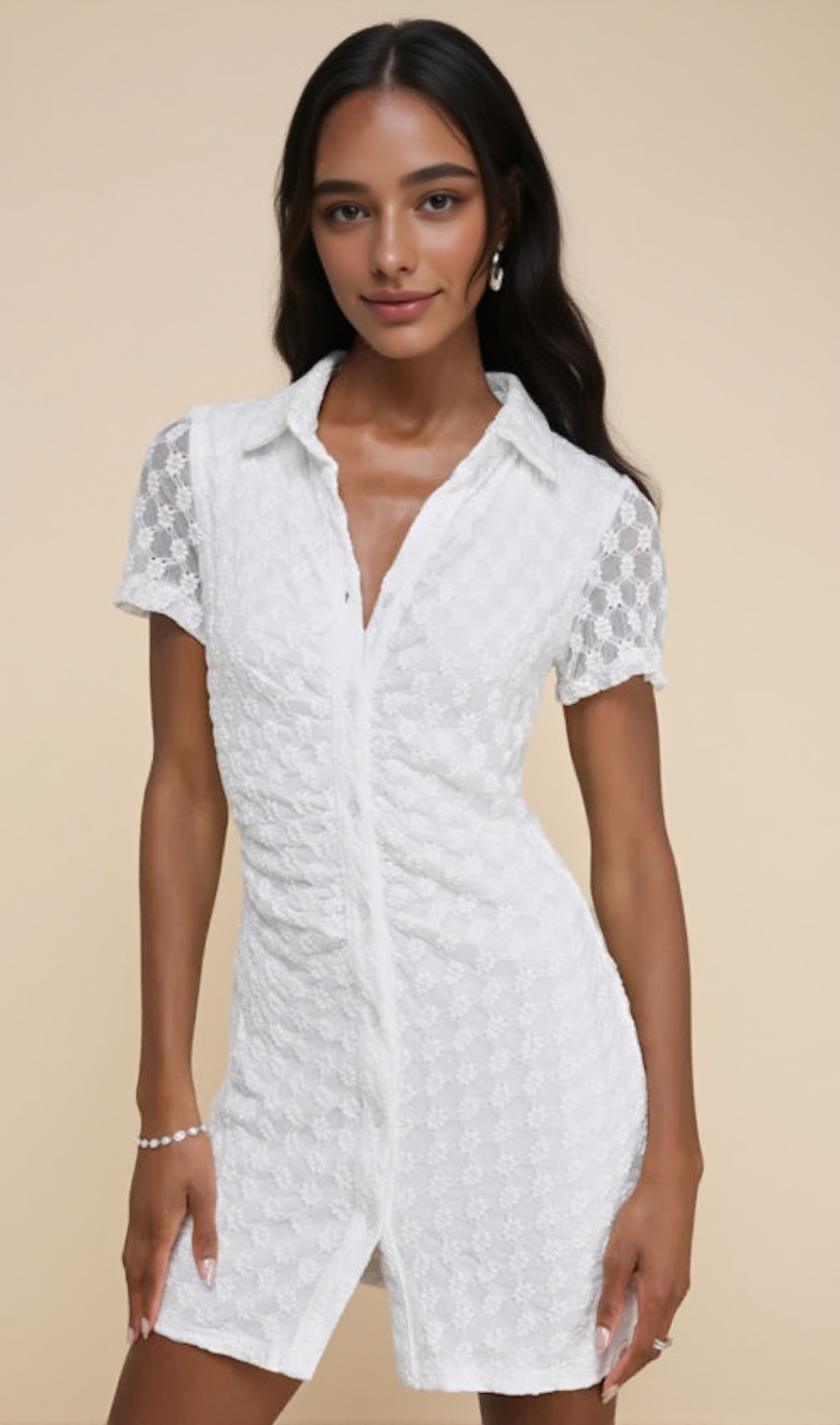 Truly Pristine White Mesh Floral Ruched Button-Up Mini Dress