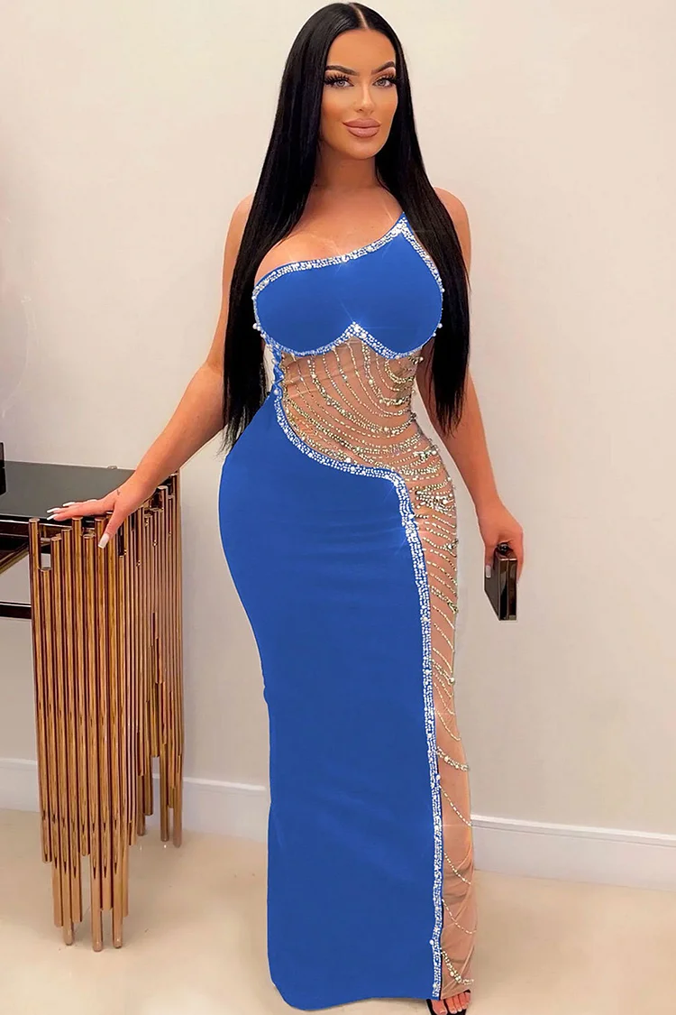 Pearls Rhinestone See-Through One Shoulder Mesh Cami Slit Party Maxi Dress