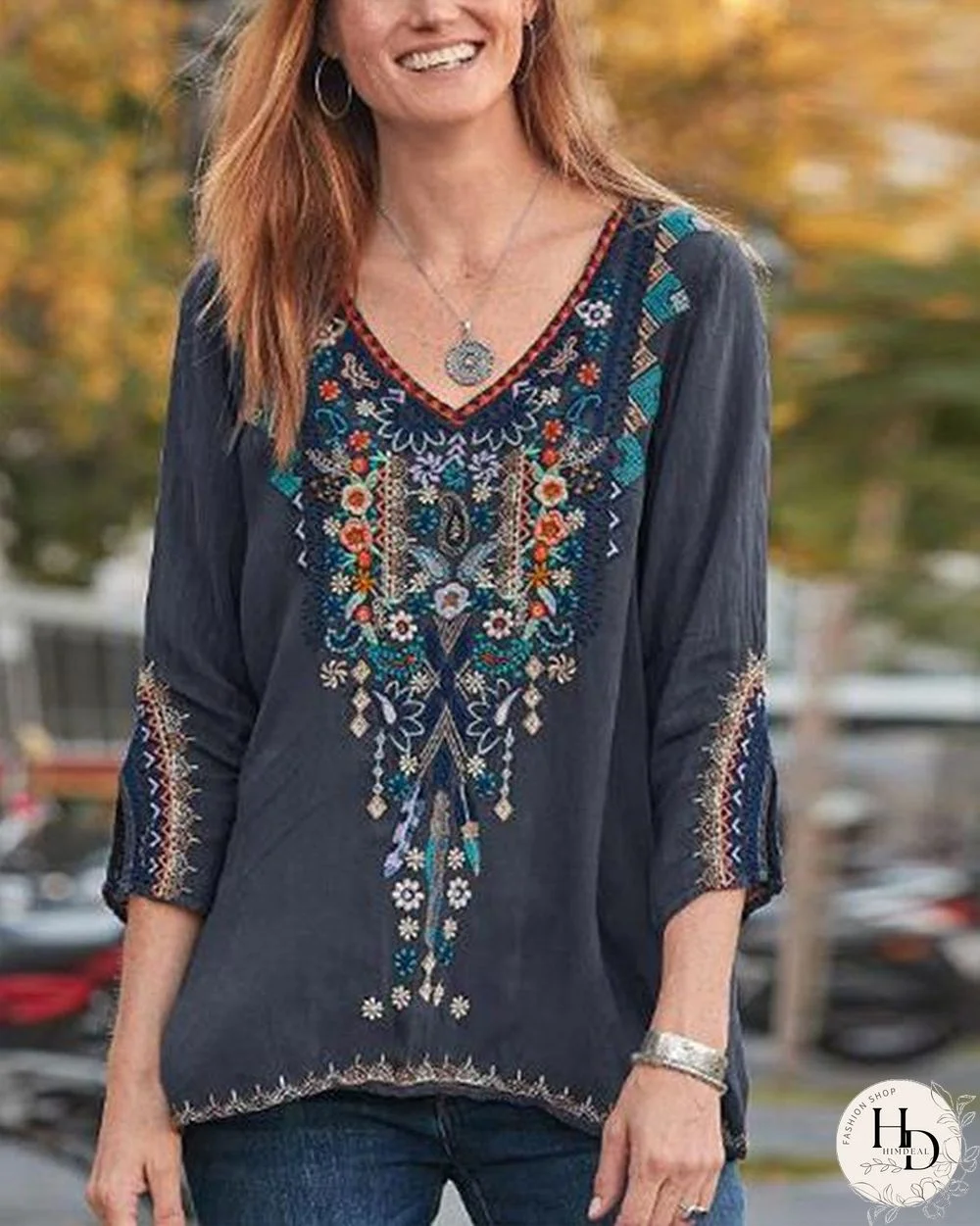 Embroidered V-neck Long Sleeve Vintage Blouse