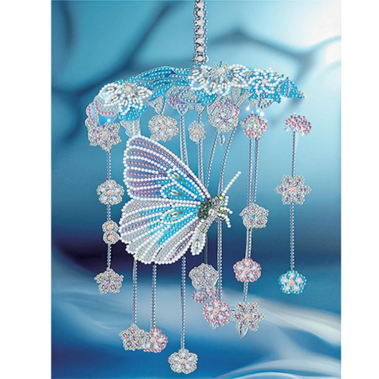 Partial Special-Shaped Diamond Painting - Blue Butterfly Small Fresh Wind Chime 30*40CM
