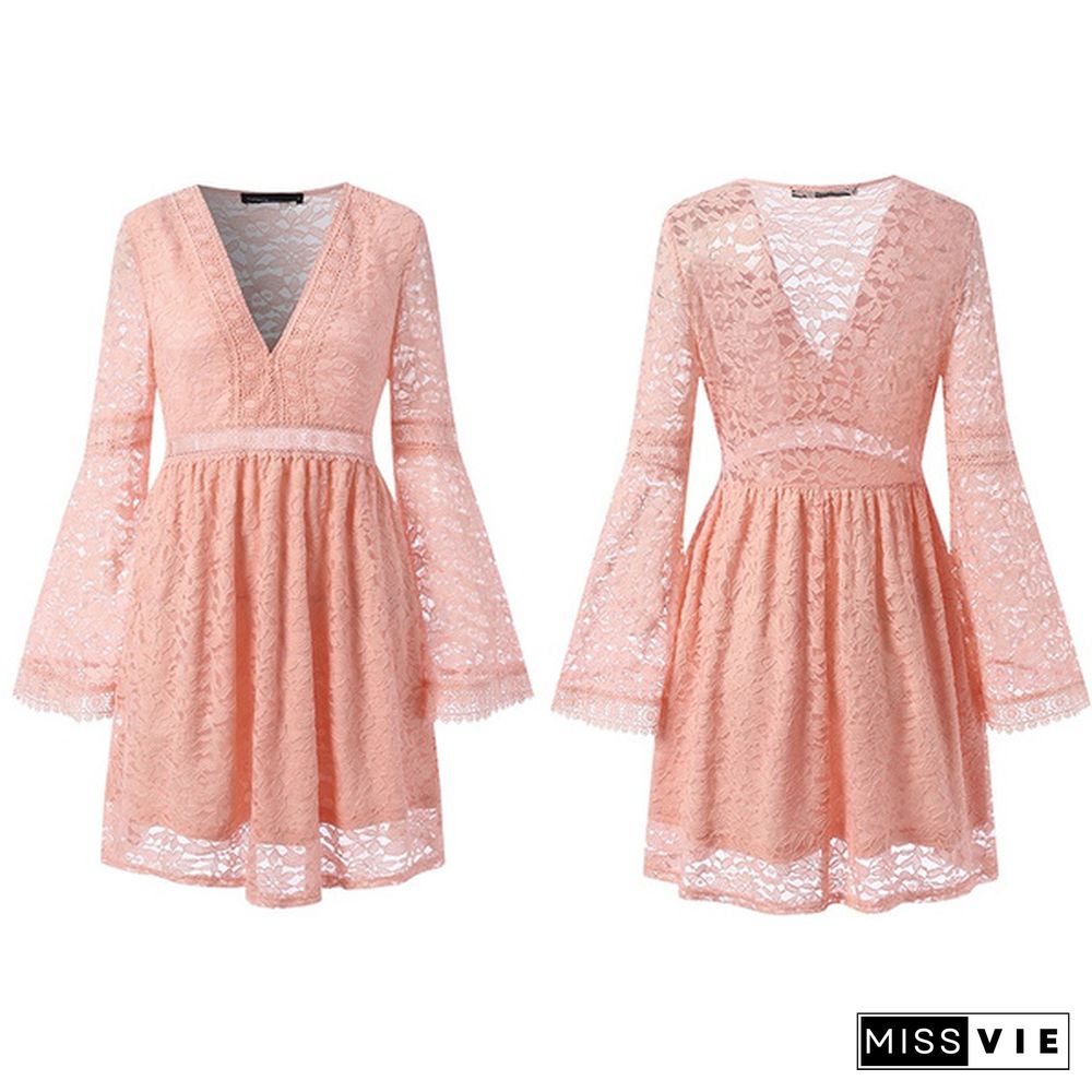 Womens Fashion Lace Mini Dress Flare Long Sleeve Neck Evening Party Elegant Casual Pleated
