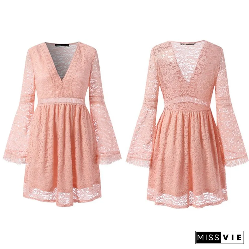 Womens Fashion Lace Mini Dress Flare Long Sleeve Neck Evening Party Elegant Casual Pleated