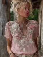 Vintage Pink Boho Floral Embroidered Comfy Linen T Shirt