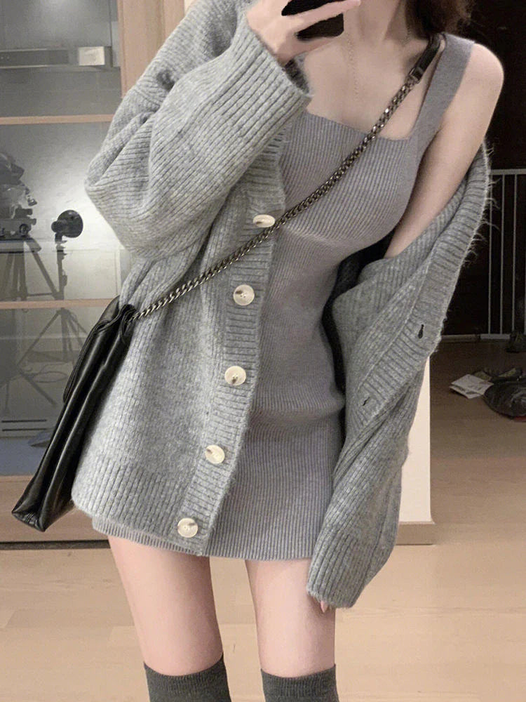 Aiertu Gray 2 Piece Dress Set Women Casual Long Sleeve Cardigan + Bodycon Strap Sweater Dress Evening Party Knitted Suit Aiertu