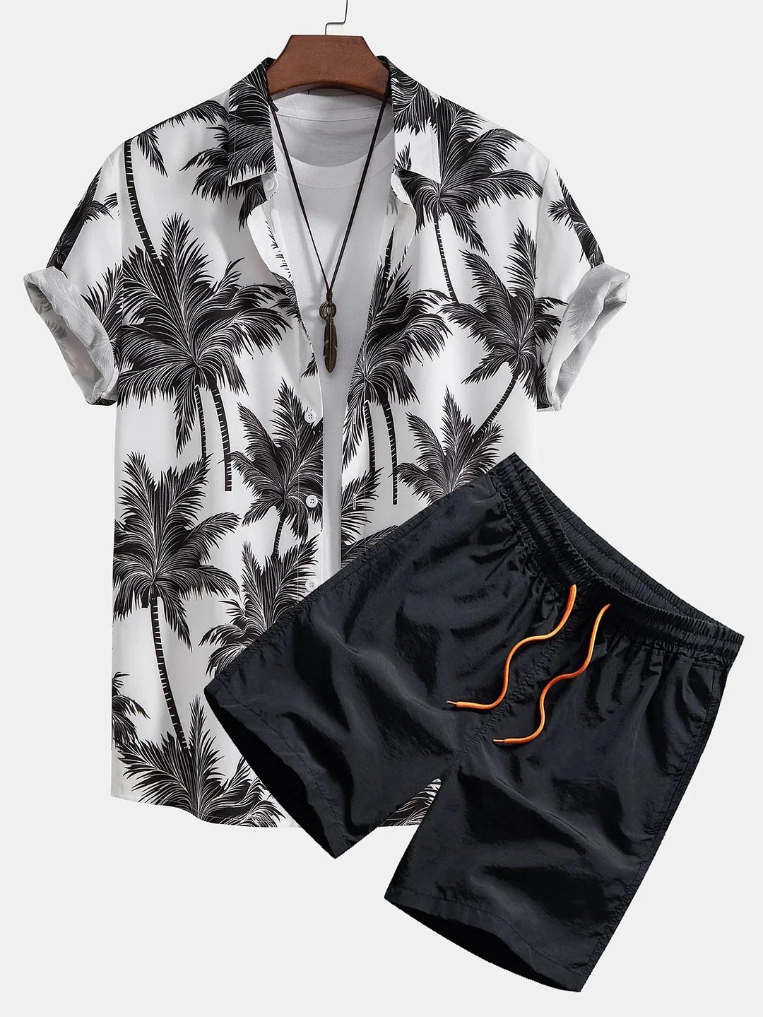 Tropical Palm Print Button-Down Shirt with Swim Shorts