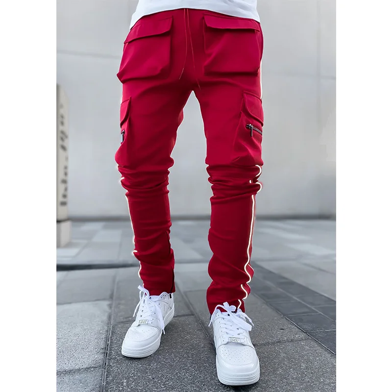 Workwear stretch multi-pocket reflective straight-leg sports casual trousers