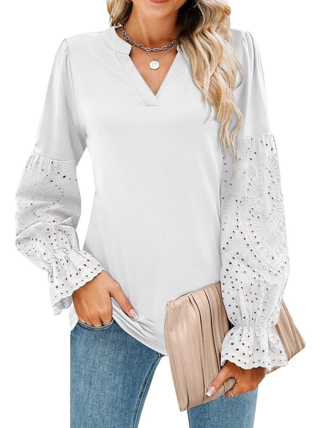 MIHOLL Women V Neck Long Sleeve Shirt Lace Crochet Loose Casual Top Blouse