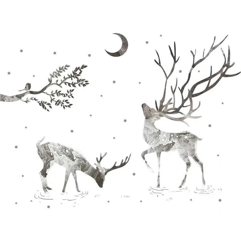 Nordic two White and Grey Elks Wall Stickers for Living Room Bedroom Wall Decals Tree Branches Moon Room Decoration PVC Stickers