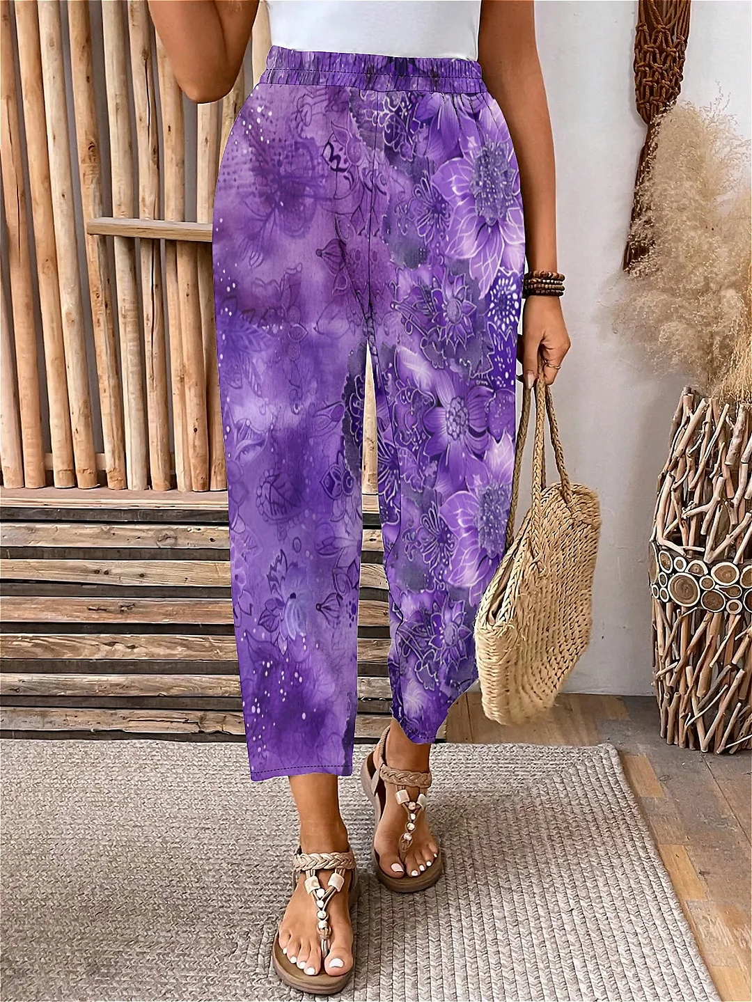 Plus Size Elastic Waist Purple,Floral,Bohemian Printed Pants