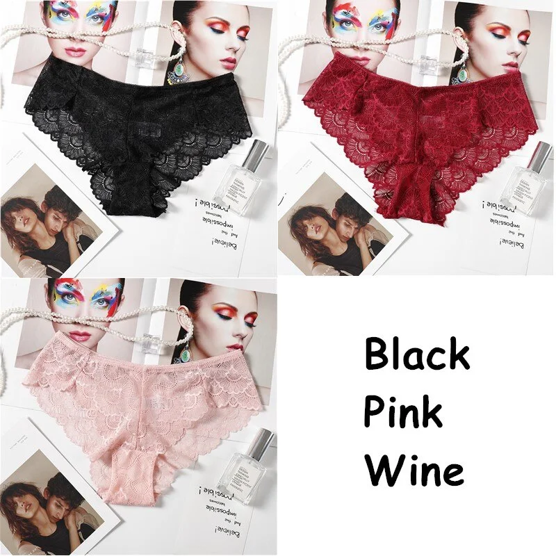 3PCS Sexy Lace Panties Solid Soft Breathable Briefs Seamless Women Underwear Ladies Panty Transparent Tempting Low-Rise Lingerie