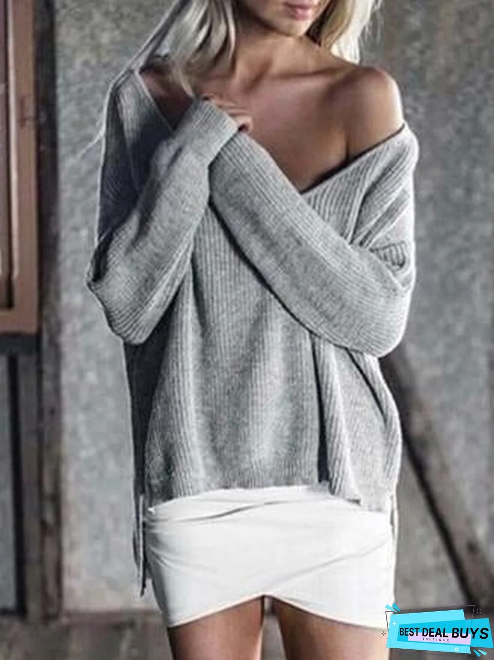 Solid Color Asymmetric V-neck Loose Sweater Tops