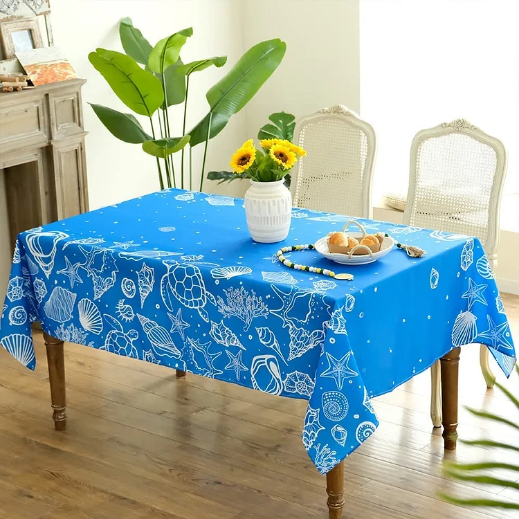 Summer Ocean Tablecloth for Rectangle Holiday Decorations Dark Blue Seashells Starfish Table Cover Kitchen Dining Table Decor