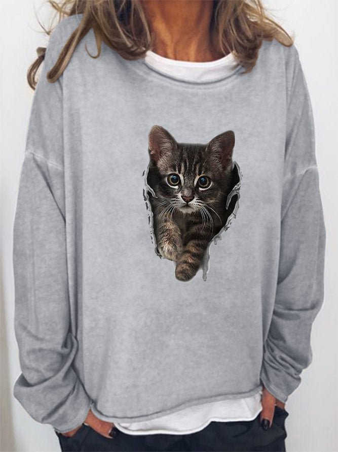 Long Sleeve Crew Neck Cat Printed Casual Sweatshirt