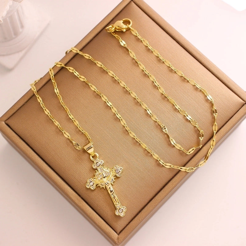 Vintage Style Religion Cross Jesus Copper Zircon 14K Gold Plated Plating Pendant Necklace