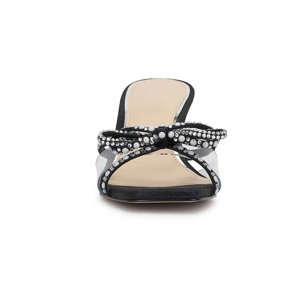 Black Open-Toe Pearl and Rhinestone Bow Stiletto Heel Slide Sandals