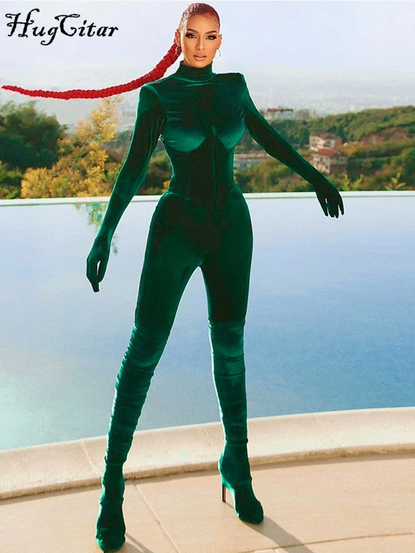 Hugcitar Solid Velvet With Corset Gloves Sexy Bodycon Jumpsuit 2021 Summer Fall Slim Party Club Elegant Streetwear Outfit Y2K