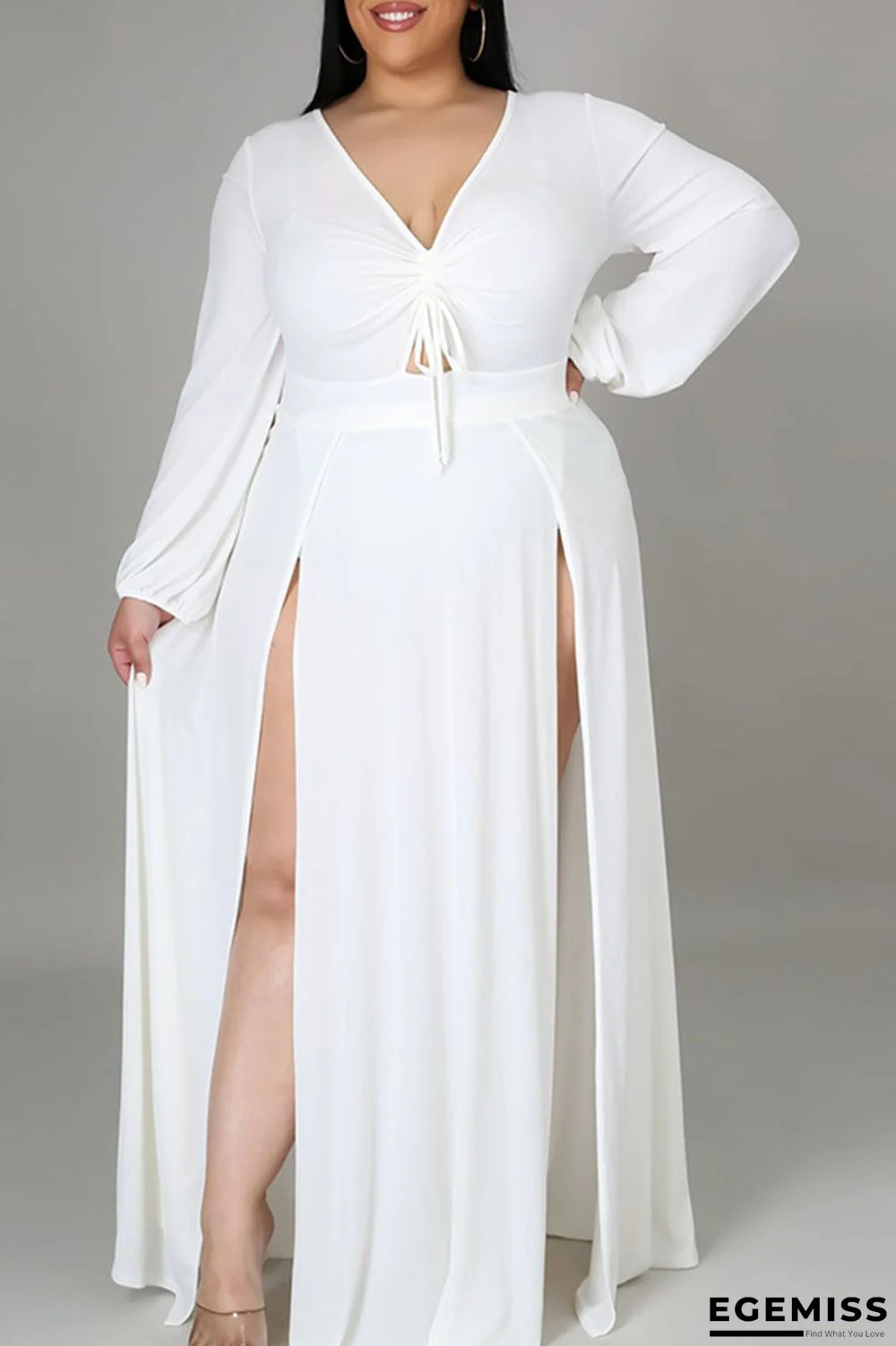 White Elegant Solid Patchwork Frenulum High Opening V Neck Long Sleeve Plus Size Dresses | EGEMISS